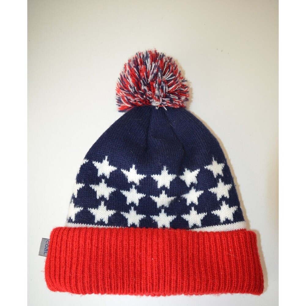 Coal Unisex Soft Knit Folded Cuff Beanie Hat Red White Blue Pom Stars Patriotic